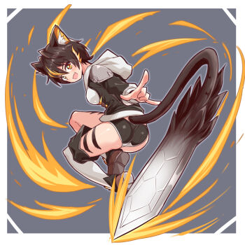 1girl animal_ears ass black_hair black_shoes blonde_hair boots breasts cat_ears cougar_(cougar1404) from_behind highres hood hood_down hoodie kua_(cougar1404) looking_at_viewer medium_breasts multicolored_hair open_mouth orange_eyes original outside_border panties prototype_design ribbed_panties shiny_clothes shiny_skin shoes short_hair short_shorts shorts sideboob smile solo tail tail_blade tiger_stripes two-tone_hair underwear