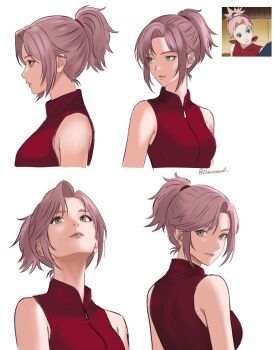 1girl anime_screenshot_inset bare_shoulders chococurrent closed_mouth commentary english_commentary green_eyes haruno_sakura highres multiple_views naruto_(series) naruto_shippuuden parted_lips pink_hair ponytail red_shirt screenshot_inset shirt short_hair short_ponytail sleeveless sleeveless_shirt smile twitter_username upper_body white_background