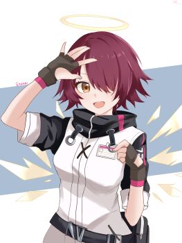 1girl :d arknights arm_up black_gloves black_sleeves brown_eyes character_name chinese_commentary commentary_request detached_wings exusiai_(arknights) fingerless_gloves gloves hair_over_one_eye halo highres jacket light_blush looking_at_viewer one_eye_covered open_mouth pink_hair short_hair short_sleeves smile solo traditional_halo white_jacket wings yellow_halo zerosama_(sailuojiang)