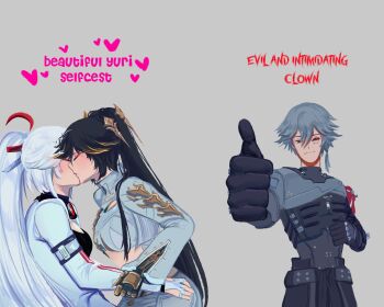 1boy 2girls alpha:_crimson_weave_(pgr) alpha_(pgr) black_bra black_hair black_sclera blonde_streaks bra closed_eyes colored_sclera cycielops dog_tags english_text grey_background grey_jacket hair_between_eyes hair_ornament highres holding_another&#039;s_arm jacket kiss long_hair lucia:_pyroath_(pgr) lucia_(pgr) mechabare mechanical_arms mechanical_hands midriff mismatched_sclera multiple_girls ok_sign ponytail punishing:_gray_raven red_eyes roland:_flambeau_(pgr) roland_(pgr) selfcest side_ponytail twintails underwear very_long_hair white_hair yuri