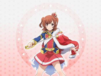 1girl aijou_karen blue_jacket brown_eyes brown_hair closed_mouth crown game_cg holding holding_sword holding_weapon jacket long_sleeves looking_at_viewer mini_crown official_art red_jacket red_skirt sash short_hair shoujo_kageki_revue_starlight shoujo_kageki_revue_starlight_-re_live- skirt smile solo standing sword two_side_up upper_body v-shaped_eyebrows weapon white_sash