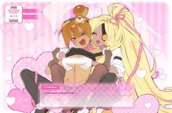 &gt;_&lt; 2girls :d black_pants black_shoes black_tank_top blonde_hair blush border bowl breasts brown_gloves brown_hair brown_pantyhose character_name chocolate choker closed_eyes clothes_lift collared_shirt commentary cookie_run cookie_run:_ovenbreak croissant_cookie dark-skinned_female dark_skin dialogue_box dual_persona embarrassed english_text eyepatch fake_screenshot fang food food-themed_hair fruit gloves goggles goggles_on_head groping hair_between_eyes hair_ribbon heart high_ponytail highres humanization long_hair milk mixing_bowl multicolored_hair multiple_girls navel ohta_guk_hip open_mouth pants pantyhose parted_bangs pink_background pink_ribbon polka_dot ponytail ribbon ribbon_choker selfcest shirt shirt_lift shoes short_hair small_breasts smile socks strawberry streaked_hair striped_background sweat symbol-only_commentary tank_top timekeeper_cookie two-tone_hair v-shaped_eyebrows very_long_hair visual_novel whisk white_border white_gloves white_shirt white_socks yuri