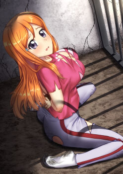 1girl arms_behind_back arms_tied_behind bdsm bleach blush bondage bound bra breasts captured cell dirty dirty_clothes dirty_hands dirty_socks female_focus grey_eyes hair_ornament hairpin helpless imminent_rape inoue_orihime large_breasts long_hair looking_at_viewer momoisaki orange_hair pink_shirt prison rope scared sex_slave shirt slave slave socks solo torn_clothes torn_shirt underwear wide-eyed wrist_cuffs