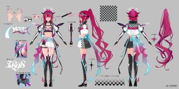 1girl aqua_bow asymmetrical_wings back_bow bandeau belt black_bandeau black_boots black_choker black_gloves black_horns black_skirt blue_eyes boots bow breast_strap breasts checkered_clothes checkered_jacket checkered_skirt choker clothes_writing commentary commentary_request copyright_notice cropped_jacket crystal_wings detached_wings double_halo earrings elbow_gloves english_commentary gloves grey_background halo heterochromia high_ponytail hololive hololive_english horns irys_(hololive) irys_(race_queenrys)_(hololive) jacket jewelry juliet_sleeves long_hair long_sleeves medium_breasts miniskirt mixed-language_commentary multicolored_skirt multiple_views navel necklace official_alternate_costume official_alternate_hairstyle official_art pink_eyes pisuke_wan pleated_skirt pointing_out_the_details pointy_ears ponytail puffy_sleeves purple_hair reference_sheet second-party_source shorts shorts_under_skirt side_slit sidelocks simple_background skirt star-shaped_pupils star_(symbol) star_halo stomach symbol-shaped_pupils thigh_boots thigh_strap turnaround very_long_hair virtual_youtuber visor_cap waist_bow white_belt white_jacket white_skirt wings