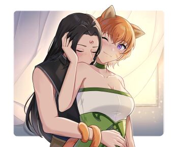 1boy 1girl animal_ears bare_shoulders black_hair blush breasts cat_ears cat_girl cat_tail choker cleavage closed_eyes collar collarbone commission commissioner_upload curtains facial_mark fire_emblem fire_emblem:_path_of_radiance fire_emblem:_radiant_dawn forehead_mark green_choker green_collar hand_in_another's_hair hand_on_another's_stomach highres hug hug_from_behind lethe_(fire_emblem) long_hair medium_breasts nintendo one_eye_closed orange_tail purple_eyes shirt short_hair sleeveless sleeveless_shirt smile soren_(fire_emblem) standing tail tail_wrap whisker_markings window witchi