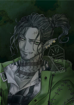 1boy absurdres beard centipede_tattoo chinstrap_beard collared_shirt cosplay facial_hair green_eyes highres hood hooded_jacket jacket male_focus mature_male neck_tattoo oogie_boogie oogie_boogie_(cosplay) scar scar_on_face shirt solo swing_(twisted_wonderland) tattoo the_nightmare_before_christmas twisted_wonderland user_vyrj3827