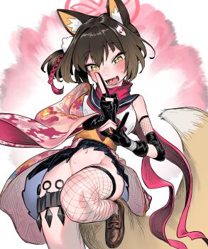 1girl absurdres animal_ears black_gloves blue_archive blush brown_shoes cowboy_shot fang fishnet_thighhighs fishnets fox_ears fox_hair_ornament fox_tail frogsnake gloves halo highres izuna_(blue_archive) kunai leg_up looking_at_viewer navel no_panties open_mouth partially_fingerless_gloves red_scarf scarf shoes short_hair single_thighhigh skin_fang smile solo tail thighhighs weapon yellow_eyes
