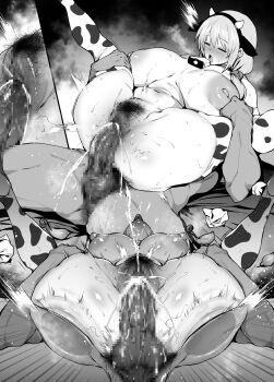 1boy 1girl absurdres ahegao animal_collar animal_ears animal_print ass ass_press bell bikini breasts censored closed_eyes collar cow_ears cow_horns cow_print cow_print_bikini cowbell cum cum_in_pussy cum_overflow elbow_gloves fake_animal_ears fake_horns female_ejaculation female_pubic_hair folded gloves hair_over_shoulder head_back hetero highres horns huge_breasts large_pectorals legs_up long_hair low-tied_long_hair male_pubic_hair mature_female mosaic_censoring nipples nude pectorals penis print_bikini pubic_hair puffy_nipples reverse_cowgirl_position sex straddling swimsuit thighhighs thirty_8ght tongue tongue_out used_tissue uzaki-chan_wa_asobitai! uzaki_tsuki vaginal