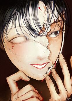 Rule 34 | 1boy, black eyes, black hair, blood, blood splatter, broken mask, character request, copyright request, cracked kawaii mask, hand up, male focus, mask, portrait, roventus, short hair, single empty eye, solo, sparkle