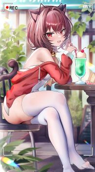 1girl absurdres animal_ear_hairband animal_ears arms_on_table artist_request bare_shoulders battery_indicator bell belt_collar blurry blurry_background blush breasts brown_hair cafe cat_ear_hairband cat_ears chair cherry collar commentary_request commission crossed_legs cup drawstring drinking_straw fake_animal_ears food from_side fruit hairband highres holding holding_drinking_straw ice_cream_cup jacket jingle_bell korean_commentary leaning_forward long_sleeves looking_at_viewer looking_to_the_side menu_board mole mole_under_eye neck_bell no_shoes off_shoulder one-piece_swimsuit open_mouth original outdoors plant prunechi recording red_collar red_eyes red_jacket second-party_source sitting skindentation small_breasts smile solo swimsuit thighhighs white_one-piece_swimsuit white_thighhighs