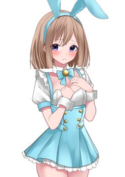 1girl absurdres animal_ear_hairband animal_ears blue_eyes breasts brown_hair choujigen_game_neptune commentary english_commentary fake_animal_ears hairband highres medium_hair neptune_(series) rabbit_ears rom_(neptunia) short_sleeves sidelocks simple_background skirt small_breasts solo white_background white_skirt white_wrist_cuffs wrist_cuffs xueli_shimazaki