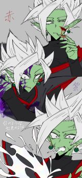 1boy black_bodysuit blood blood_on_face blood_on_hands bodysuit colored_skin coughing coughing_blood curious dragon_ball dragon_ball_super earrings fused_zamasu green_skin grey_eyes highres injury jewelry long_sleeves multiple_views pointy_ears potara_earrings purple_blood spiked_hair surprised sweat unusual_blood_color v621 white_blood white_hair