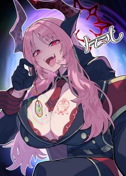 1girl black_gloves black_jacket blue_archive bra bra_peek breasts cleavage coin coin_on_string commentary demon_horns fangs gloves halo hand_up highres holding holding_pendulum holed_coin horns huge_breasts hypnosis hypnotizing_viewer jacket long_hair long_sleeves looking_at_viewer matsumoto_tomoyohi mind_control mole mole_on_breast necktie open_mouth parted_bangs pendulum pink_hair red_eyes red_halo red_necktie red_wrist_cuffs satsuki_(blue_archive) short_necktie smile solo teeth tongue underwear upper_body wrist_cuffs