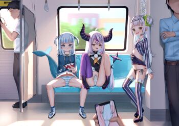 3boys 3girls :3 :d absurdres ahoge arched_bangs ascot belt black_horns black_pants black_shoes blue_eyes blue_hair blue_hoodie blue_shirt blunt_bangs blush braid breasts cellphone closed_mouth clothes_lift colored_shoe_soles commentary_request cropped_shirt crossed_arms day demon_girl demon_horns faceless faceless_male fins fish_tail flashing full_body gawr_gura gawr_gura_(1st_costume) grey_hair hair_between_eyes hair_bun hair_ornament hairband hexagram_hair_ornament highres holding holding_phone hololive hololive_english hood hoodie hoodie_lift horns huge_filesize la+_darknesss la+_darknesss_(1st_costume) lifting_own_clothes loli long_hair long_sleeves looking_at_phone looking_at_viewer map multicolored_hair multiple_boys multiple_girls murasaki_shion o-ring on_bench open_mouth paid_reward_available panties pants phone pinstripe_pattern pinstripe_shirt pointy_ears pov pov_hands purple_hair purple_horns purple_thighhighs ray_peng shadow shark_girl shark_hair_ornament shark_tail shirt shoes short_hair short_sleeves single_side_bun single_thighhigh sitting skirt skirt_lift small_breasts smartphone smile spread_legs spread_pussy spread_pussy_under_clothes streaked_hair striped_clothes striped_horns striped_panties striped_shirt tail teeth thighhighs train_interior tsurime two_side_up underwear upper_teeth_only v-shaped_eyebrows vertical-striped_clothes vertical-striped_shirt very_long_hair viewfinder virtual_youtuber white_shirt white_shoes yellow_ascot yellow_eyes