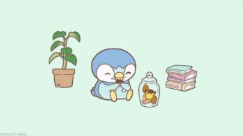 Rule 34 | @ @, animated, animated gif, book, book stack, cookie, food, gen 1 pokemon, gen 2 pokemon, gen 4 pokemon, gen 8 pokemon, green background, hothotmiso, nintendo, no humans, pichu, pikachu, piplup, plant, pokemon, pokemon (creature), running, scorbunny, sitting