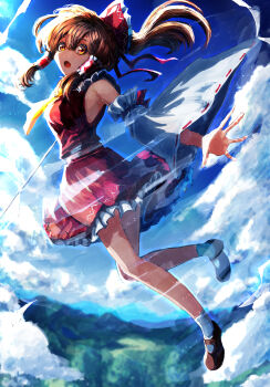 1girl absurdres blue_sky brown_eyes brown_hair brown_shoes cloud cloudy_sky commentary_request day detached_sleeves flying frilled_skirt frills gohei hair_tubes hakurei_reimu highres looking_at_viewer midair open_mouth outdoors ponytail red_skirt shirt shoes sidelocks skirt sky sleeveless sleeveless_shirt socks solo sunlight touhou white_socks ya-ya