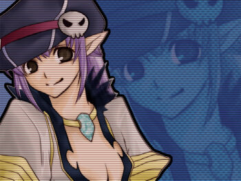 1girl 2000s_(style) black_eyes black_hat blue_background blue_gemstone breasts cleavage closed_mouth commentary_request gem grey_shirt hat long_hair medium_breasts newsboy_cap pointy_ears purple_hair ragnarok_online sharufuto shirt smile solo upper_body warlock_(ragnarok_online) zoom_layer
