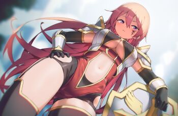 1girl absurdres armor bandeau bike_shorts bike_shorts_under_leotard black_bandeau black_gloves black_thighhighs borrowed_character breasts brown_hair clothing_cutout commentary commission cowboy_shot elbow_gloves facial_mark from_below garter_straps gauntlets gloves hair_between_eyes hand_on_own_hip highres hip_vent hoplitx knight large_breasts leotard long_hair looking_to_the_side navel original parted_lips purple_eyes red_leotard shield shoulder_armor sidelocks skindentation solo standing stomach stomach_cutout thighhighs underboob underbust very_long_hair