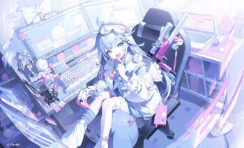 Rule 34 | 1girl, :d, ahoge, asymmetrical legwear, blue eyes, blue hair, blue jacket, cellphone, chair, commentary request, computer, controller, copyright name, food, frilled jacket, frills, game controller, gaming chair, goggles, goggles on head, gun, hair flaps, highres, holding, holding controller, holding food, holding game controller, hololive, hololive dev is, indoors, jacket, laptop, leg warmers, lightning ahoge, long hair, long sleeves, looking at viewer, macaron, miniskirt, mizumiya su, monitor, off shoulder, official art, on chair, open mouth, phone, pink streaks, pleated skirt, pom pom (clothes), single sock, single thighhigh, sitting, skirt, smartphone, smile, socks, solo, striped clothes, striped socks, swivel chair, thighhighs, track jacket, uneven legwear, virtual youtuber, weapon, white jacket, white leg warmers, white skirt, white thighhighs, zetto023