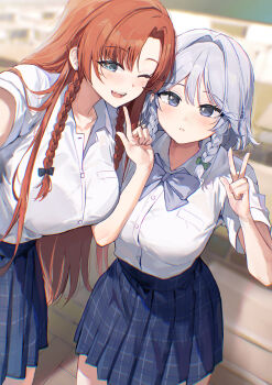 2girls ;d absurdres alternate_costume aqua_eyes blue_eyes blue_skirt blurry bow bowtie braid breasts collarbone collared_shirt commentary_request depth_of_field grey_bow grey_bowtie highres hong_meiling index_finger_raised izayoi_sakuya large_breasts long_hair looking_at_viewer medium_breasts multiple_girls no_headwear one_eye_closed open_mouth plaid_clothes plaid_skirt pleated_skirt purple_eyes revision sarukana school_uniform selfie shirt skirt smile teeth touhou twin_braids upper_teeth_only v very_long_hair white_shirt