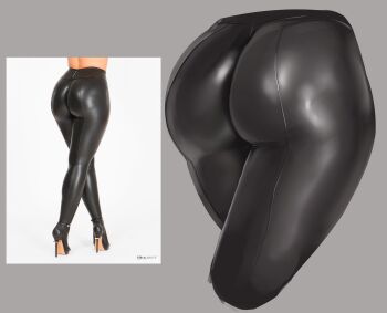 1girl absurdres ass black_pants commentary english_commentary grey_background high_heels highres justbirb leather leather_pants original pants reference_inset shiny_clothes simple_background solo