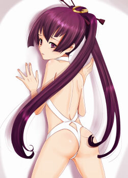 1girl against_wall ar_tonelico ar_tonelico_iii ass back blush finnel_(ar_tonelico) from_behind gust inumori_sayaka long_hair looking_at_viewer parted_lips purple_eyes purple_hair twintails underwear very_long_hair