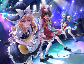 4girls aihara-rina apron ascot band_(music) black_hat black_shoes black_skirt black_vest blonde_hair bow bowtie braid brown_hair chinese_commentary cirno closed_mouth commentary_request detached_sleeves frilled_bow frilled_hair_tubes frilled_skirt frills grin guitar hair_bow hair_tubes hakurei_reimu hat hat_bow hat_ribbon highres holding holding_guitar holding_instrument holding_microphone instrument kirisame_marisa long_hair mary_janes microphone mob_cap multiple_girls music open_mouth puffy_short_sleeves puffy_sleeves purple_hair red_bow red_bowtie red_eyes red_skirt remilia_scarlet ribbon ribbon-trimmed_sleeves ribbon_trim shadow shirt shoes short_sleeves side_braid singing single_braid skirt skirt_set smile socks speaker stage stage_lights touhou vest waist_apron white_bow white_bowtie white_hat white_shirt white_socks witch_hat yellow_ascot yellow_eyes