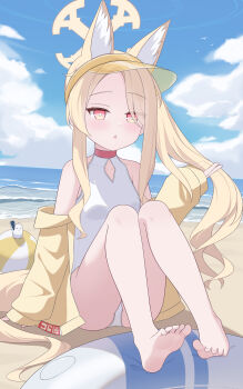 1girl absurdres animal_ear_fluff animal_ears ball beachball bird blue_archive blush breasts collarbone fox_ears fox_girl halo highres jacket long_hair long_sleeves looking_at_viewer official_alternate_costume official_alternate_hairstyle one-piece_swimsuit open_mouth pink_eyes seia_(blue_archive) seia_(swimsuit)_(blue_archive) sitting sleeves_past_wrists small_breasts solo swimsuit user_ggwx2752 very_long_hair visor_cap white_one-piece_swimsuit yellow_halo yellow_jacket