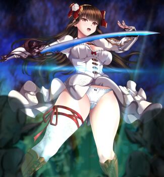 1girl aoki_kakumei_no_valkyria boots bow bow_panties breasts brown_eyes brown_hair cleavage dress flower gauntlets hair_flower hair_ornament highres holding holding_weapon knee_boots lace-up_boots large_breasts long_hair looking_at_viewer m.i.y open_mouth ophelia_(aoki_kakumei_no_valkyria) ophelia_augusta_af_jutland panties ribbon senjou_no_valkyria_(series) skirt solo sword thighhighs thighs underwear valkyria:_azure_revolution weapon white_dress white_panties white_underwear