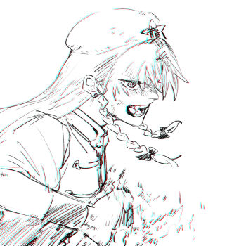 Rule 34 | 1girl, beret, braid, commentary request, fighting stance, greyscale, hat, hat ornament, highres, hong meiling, long hair, monochrome, open mouth, sharp teeth, solo, star (symbol), star hat ornament, teeth, touhou, twin braids, ukei624