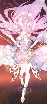 1girl absurdres amphoreus_(honkai:_star_rail) bare_shoulders blue_gem breasts chinese_commentary cleavage cloud collarbone commentary_request cyrene_(demiurge)_(honkai:_star_rail) cyrene_(honkai:_star_rail) cyrene_(philia093)_(honkai:_star_rail) dress dress_flower floating_hair flower full_body gem hair_ornament halo halo_behind_head highres honkai:_star_rail honkai_(series) infinity_symbol jewelry long_hair long_sleeves necklace ocean open_mouth orange_sky pink_dress pointy_ears purple_sleeves shenmafuyun40469 sky smile solo standing wheat white_halo wide_sleeves