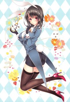 Rule 34 | 1girl, absurdres, alice's adventures in wonderland, animal ears, argyle background, argyle clothes, ayase hazuki, black gloves, black hair, black skirt, black thighhighs, blush, breasts, buttons, cosplay, cup, detached sleeves, female focus, food, frills, fruit, full body, garter belt, gloves, high heels, highres, holding, kantai collection, long sleeves, medium breasts, medium hair, pencil skirt, pocket watch, rabbit ears, rabbit tail, red eyes, red footwear, shiny skin, skirt, solo, strawberry, tail, takao (kancolle), teacup, thighhighs, watch, white rabbit (alice in wonderland), white rabbit (cosplay), zettai ryouiki