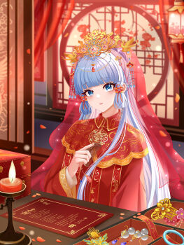 1girl absurdres alternate_costume alternate_hairstyle ayaka_(genshin_impact) blue_pupils blunt_bangs candle chinese_clothes commentary_request dress fengguan flower genshin_impact grey_eyes grey_hair hair_ornament head_tilt highres holding honggaitou indoors lantern lattice long_hair long_sleeves looking_at_viewer low-tied_sidelocks mole mole_under_eye parted_lips petals ponytail red_dress round_window sidelocks solo table tassel tiara upper_body window zhui_ming_ying_xue