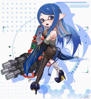 1girl :o black_dress black_thighhighs blue_eyes blue_hair blue_jacket blue_shoes blue_tail blue_wings breasts chromatic_aberration cleavage commentary commission demon_girl demon_tail demon_wings dress drop_shadow fang full_body heart heart_in_eye highres holding holding_weapon hydra_splatling_(splatoon) inkling inkling_girl inkling_player_character jacket large_breasts long_hair long_sleeves looking_at_viewer mole mole_under_eye nintendo open_clothes open_jacket open_mouth parted_bangs pointy_ears puchiman shoes signature single_thighhigh sleeveless sleeveless_dress solo splatoon_(series) sweat symbol-only_commentary symbol_in_eye tail tentacle_hair thighhighs watermark watermark_grid weapon wide_sleeves wings