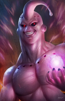 1boy alien antennae artist_name aura black_sclera colored_sclera colored_skin dragon_ball dragonball_z energy energy_ball fang grin highres hole majin_buu male_focus monster_boy nopeys photoshop_(medium) pink_skin red_eyes smile solo super_buu upper_body veiny_pectorals