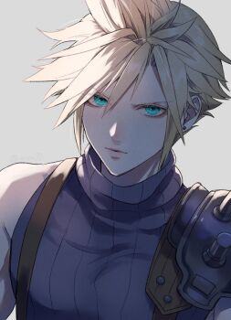 Rule 34 | 1boy, armor, artist name, asym00, blonde hair, blue eyes, blue sweater, cloud strife, commentary request, earrings, final fantasy, final fantasy vii, grey background, hair between eyes, jewelry, lips, looking at viewer, male focus, pectorals, short hair, shoulder armor, simple background, single bare shoulder, sleeveless, sleeveless sweater, solo, suspenders, sweater, turtleneck, turtleneck sweater, upper body, v-shaped eyebrows