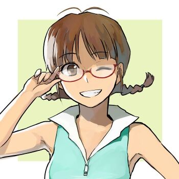 1girl adjusting_eyewear akizuki_ritsuko antenna_hair b_suke braid breasts brown_eyes brown_hair commentary_request glasses grin idolmaster idolmaster_(classic) medium_breasts one_eye_closed semi-rimless_eyewear shirt sleeveless sleeveless_shirt smile solo twin_braids under-rim_eyewear