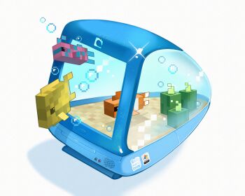 absurdres animal apple_inc. bubble clownfish commentary computer faux_3d fish frutiger_aero highres imac imac_g3 macintosh microsoft_windows minecraft minecraft_(style) monitor no_humans object_focus official_style sand sea_cucumber simple_background sky softwarepony sticker symbol-only_commentary through_medium tropical_fish water white_background windows_xp