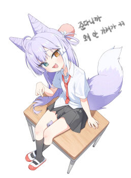 1girl :d ahoge animal_ears black_skirt black_socks blue_eyes cellphone collared_shirt commentary cone_hair_bun crossed_ankles desk fang fox_ears fox_girl fox_tail hair_bun hair_ornament hair_rings heterochromia highres korean_commentary korean_text long_hair looking_at_viewer looking_up necktie on_desk open_mouth phone pleated_skirt pointing pom_pom_(clothes) pom_pom_hair_ornament purple_hair purple_tail red_necktie shirt sitting skirt smartphone smile socks solo stellive tail tenko_shibuki two-tone_tail ugaaaa1 virtual_youtuber white_background white_shirt yellow_eyes