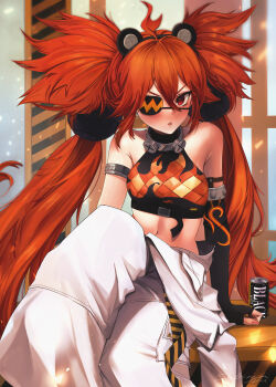 1girl absurdres ahoge animal_ears artist_request bandages bare_shoulders bear_ears black_gloves breasts coffee commentary crop_top eyepatch fake_animal_ears fingerless_gloves gloves hair_between_eyes hair_ornament highres koleda_belobog long_hair looking_at_viewer medical_eyepatch midriff navel original pants red_eyes red_hair solo sphere_hair_ornament stomach twintails zenless_zone_zero