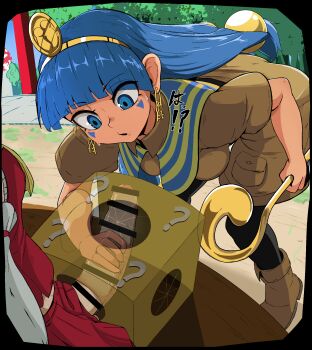 1futa 1girl bar_censor blue_eyes blue_hair brown_shirt brown_shorts censored earrings epic_armageddon erection facial_mark futa_with_female futanari gold_headdress hakurei_reimu highres holding holding_scepter jewelry key_earrings komano_aunn large_penis michigami_nareko mystery_box outdoors penis penis_grab scepter shirt shorts touhou translated triangle triangle_facial_mark usekh_collar x-ray