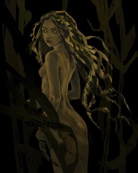 1girl absurdres black_background colored_sclera commentary english_commentary expressionless green_sclera green_theme highres kelp looking_at_viewer looking_back mermaid monster_girl nude orange_eyes original painterly plant_hair simple_background solo twulfs