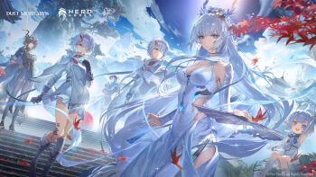 2boys 4girls :d absurdres antlers architecture arm_up bandage_over_one_eye bird black_boots black_gloves black_hair black_pantyhose black_ribbon blue_coat blue_eyes boots brown_eyes brown_hair closed_mouth cloud cloudy_sky coat commentary crossed_arms detached_sleeves dress duet_night_abyss east_asian_architecture elbow_gloves english_commentary falling_leaves floating_clothes floating_hair fushu_(duet_night_abyss) gloves hair_between_eyes hair_over_one_eye hand_up highres horns kezhou_(duet_night_abyss) leaf long_hair looking_afar looking_at_viewer maple_leaf medium_hair multicolored_hair multiple_boys multiple_girls neck_ribbon official_art on_stairs open_mouth outdoors pantyhose phoxhunter_(duet_night_abyss) pointy_ears red_eyes ribbon sitting sky smile snow_(duet_night_abyss) standing streaked_hair teeth the_boy_in_the_dream_(duet_night_abyss) the_girl_in_the_dream_(duet_night_abyss) thighs tree upper_teeth_only very_long_hair white_dress white_gloves white_hair wind zhiliu_(duet_night_abyss)