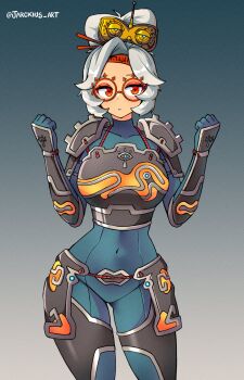 1girl absurdres alternate_costume ancient_set_(zelda) armor blue_background blush covered_navel cowboy_shot eyeshadow eyewear_on_head glasses gradient_background hand_up highres jarckius makeup multicolored_hair nintendo purah red_eyes red_eyeshadow red_hair round_eyewear solo the_legend_of_zelda the_legend_of_zelda:_breath_of_the_wild the_legend_of_zelda:_tears_of_the_kingdom twitter_username white_background white_hair