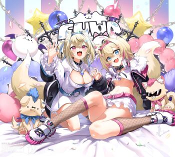 2girls :d animal_collar animal_ears balloon bandaid bandaid_hair_ornament belt bib_collar black_collar black_jacket blonde_hair blue_belt blue_eyes blue_hairband blue_streaks breasts center_frills claw_pose cleavage cleavage_cutout clothing_cutout collar colored_shoe_soles commentary cropped_jacket cropped_shirt crossed_bangs cutout_above_navel dog_ears dog_girl dog_tail double-parted_bangs dress fake_horns fishnet_socks fishnet_thighhighs fishnets frilled_shirt_collar frilled_shorts frilled_sleeves frills fur-trimmed_jacket fur_trim fuwawa_abyssgard fuwawa_abyssgard_(1st_costume) hair_between_eyes hair_intakes hair_ornament hairband hairclip hands_up headphones headphones_around_neck highres hololive hololive_english horn_hairband horns jacket kito_koruta kneehighs kneeling large_breasts long_hair long_sleeves looking_at_viewer midriff mococo_abyssgard mococo_abyssgard_(1st_costume) multicolored_hair multiple_girls navel open_mouth over-kneehighs parallel_hairclips perroccino_(fuwamoco) pink_belt pink_eyes pink_hairband pink_streaks puffy_long_sleeves puffy_sleeves ruffian_(fuwamoco) shirt shoes short_dress short_hair short_shorts shorts siblings single_over-kneehigh single_thighhigh sisters sitting small_breasts smile sneakers socks spiked_collar spikes streaked_hair symbol-only_commentary tail thighhighs twins two_side_up underboob virtual_youtuber watermark white_dress white_shirt white_shoes white_shorts x_hair_ornament