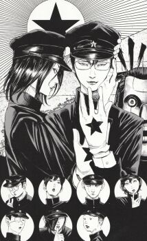 Rule 34 | 6+boys, asano inio, black hair, black jacket, collared jacket, commentary, dafu (litchi hikari club), dentaku (litchi hikari club), english commentary, eyepatch, finger to mouth, gakuran, gakuseibou, glasses, gloves, hair over one eye, hand on another's face, hat, highres, ichihashi raizou, jacket, jacob (litchi hikari club), jaibo, kaneda riku, layered sleeves, litchi hikari club, looking at viewer, looking up, male focus, medical eyepatch, medium hair, monochrome, multiple boys, niko (litchi hikari club), parted lips, portrait, robot, round eyewear, scar, scar across eye, scar on face, school uniform, smile, star (symbol), tamiya hiroshi, third-party source, white gloves, zera (litchi hikari club)