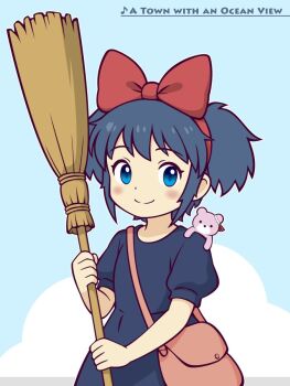 1girl blue_dress blue_eyes blue_hair blue_sky blush broom cloud cosplay double_bun dress hair_bun hair_ribbon happy_sugar_life johnny_ln kiki_(majo_no_takkyuubin)_(cosplay) koube_shio looking_at_viewer majo_no_takkyuubin musical_note pink_bag pink_teddy_bear red_ribbon ribbon short_hair sky smile song_name sparkling_eyes stuffed_animal stuffed_toy teddy_bear