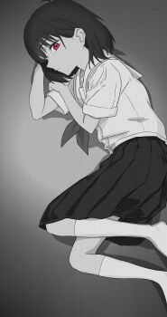 1girl 200-ko_no_chikara absurdres black_hair commentary_request greyscale highres looking_at_viewer lying monochrome multicolored_eyes osanai_yuki petite pink_eyes pleated_skirt school_uniform serafuku shirt short_hair short_sleeves shoushimin_series skirt socks solo two-tone_eyes yellow_eyes