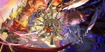 1girl absurdres age_comparison ancient_greek_clothes arm_armor augusta_(wuthering_waves) chinese_commentary closed_mouth commentary_request dress greatsword greco-roman_clothes hair_between_eyes headgear highres holding holding_sword holding_weapon long_hair looking_ahead multiple_views orange_hair partial_commentary purple_eyes samo_(shichun_samo) split_theme sword tacet_discord_(wuthering_waves) throne watermark weapon weibo_watermark white_dress wuthering_waves