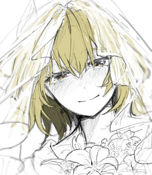 1girl alternate_costume alternate_universe blonde_hair blush bouquet bridal_veil closed_mouth collarbone dress eyelashes flower genshin_impact hair_between_eyes happy kiri_no1020 looking_at_viewer short_hair smile solo split_mouth tholindis_(genshin_impact) tsurime veil white_background
